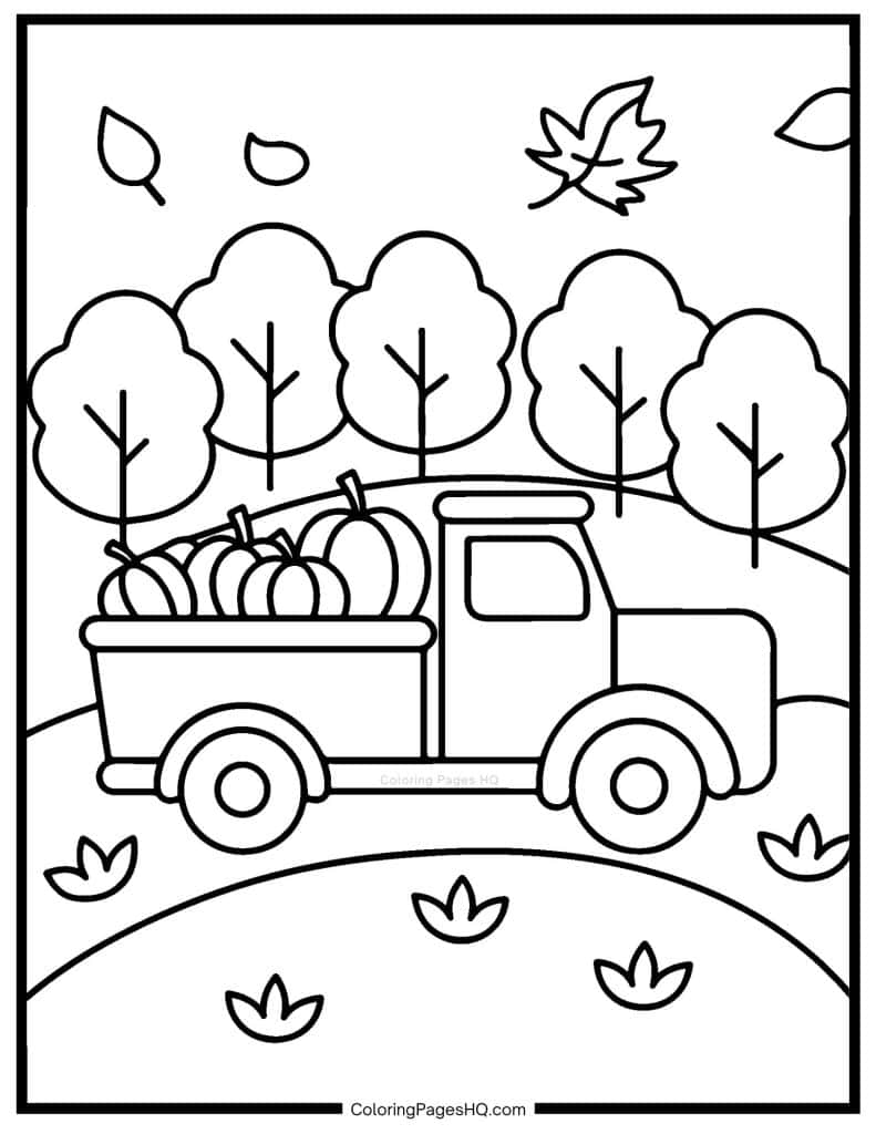 Thanksgiving harvest pumpkins in the back of a truck coloring page
