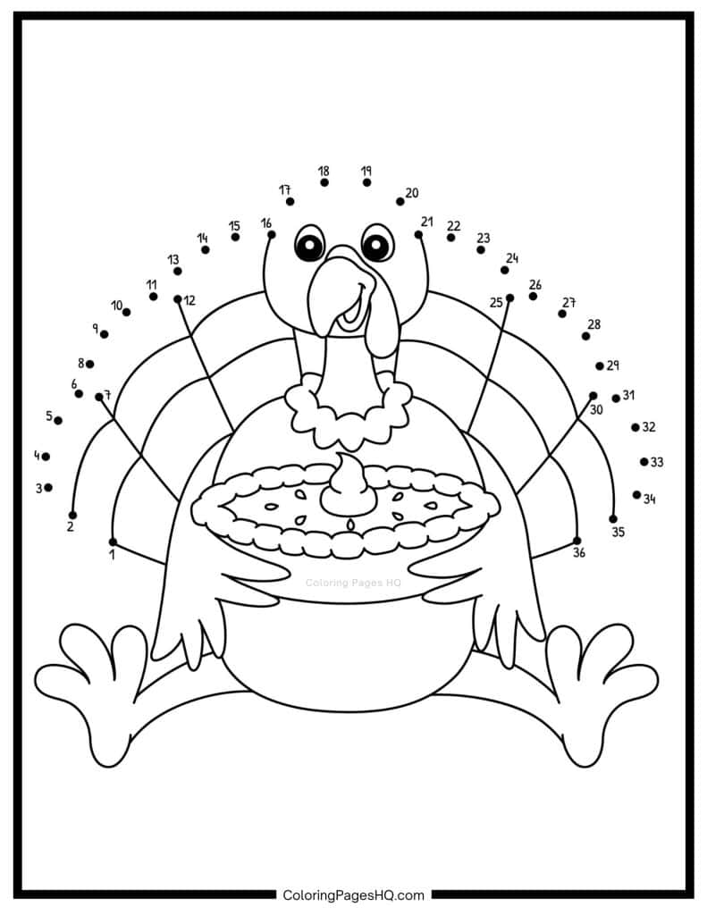 Turkey holding a pumpkin pie connect the dots coloring page