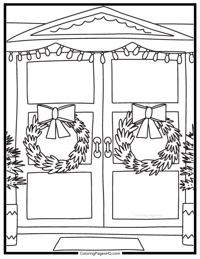 Two Christmas wreaths on two doors coloring page