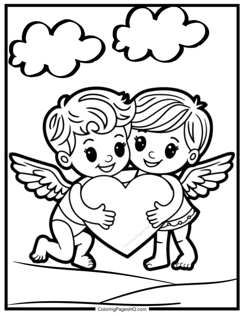 Boy and girl cupid holding a heart to color