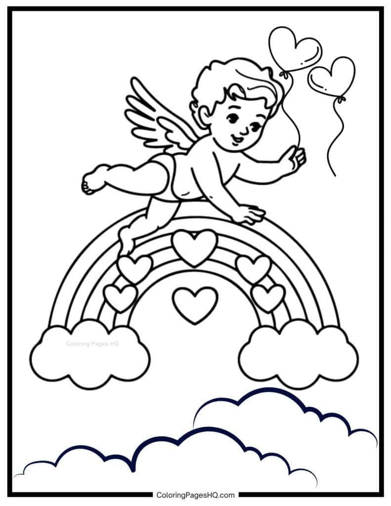 Cupid flying over a rainbow coloring page