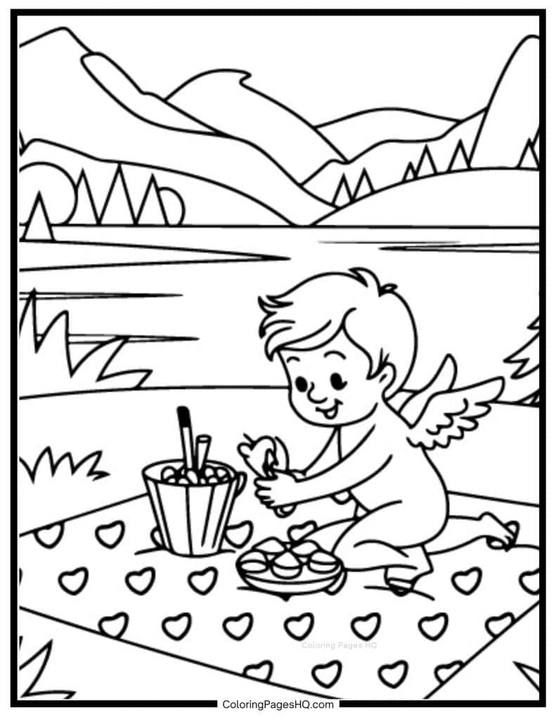 Cupid having a picnic coloring sheet