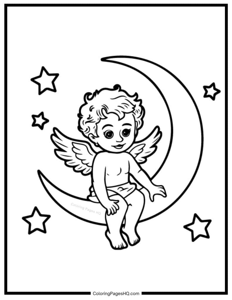 Cupid sitting on a crescent moon coloring page