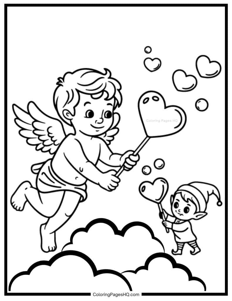 Cupid waving a heart wand coloring page