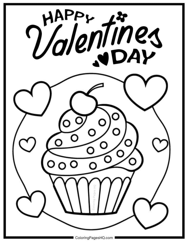 Happy Valentine's Day cupcake coloring page