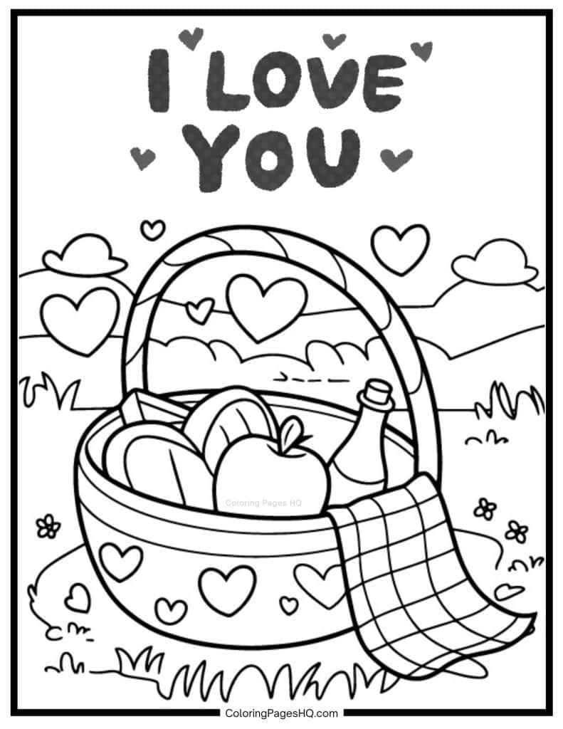 Valentine's Day picnic basket coloring page